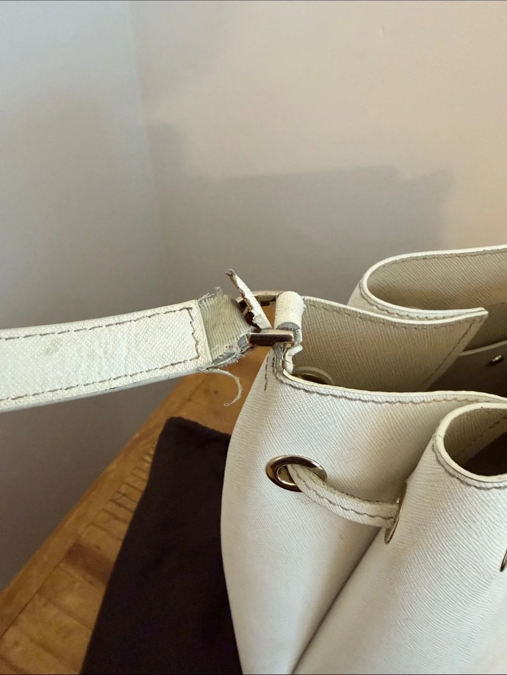 Vintage Kate Spade White Saffiano Leather Drawstring Bucket Crossbody Bag